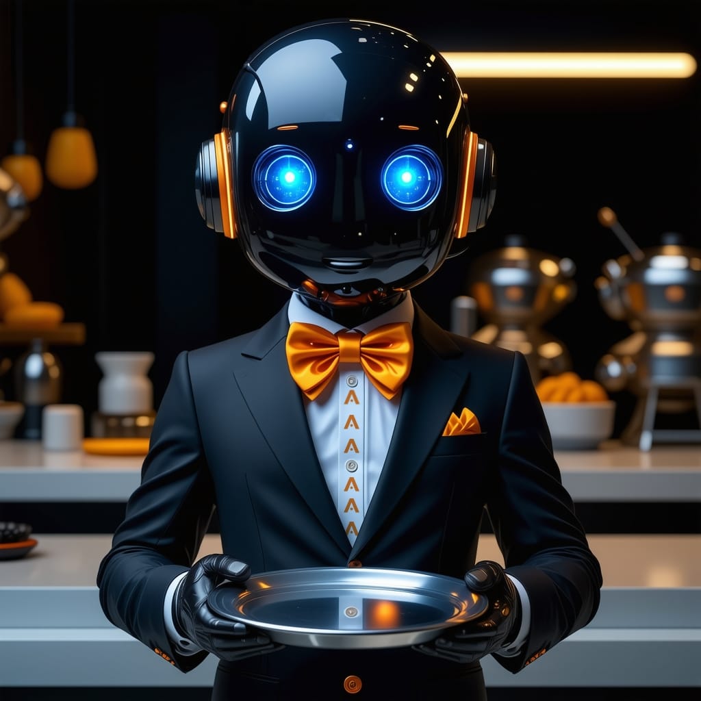 Robot assistant Gusteo tenant un plateau dans un restaurant