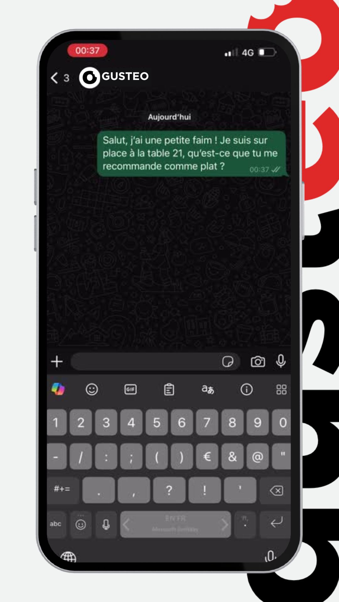 Conversation WhatsApp avec Gusteo pour choisir un plat