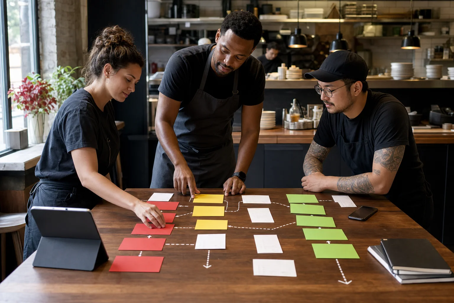 Équipe de restaurant organisant un flux de commandes avec des cartes de couleur