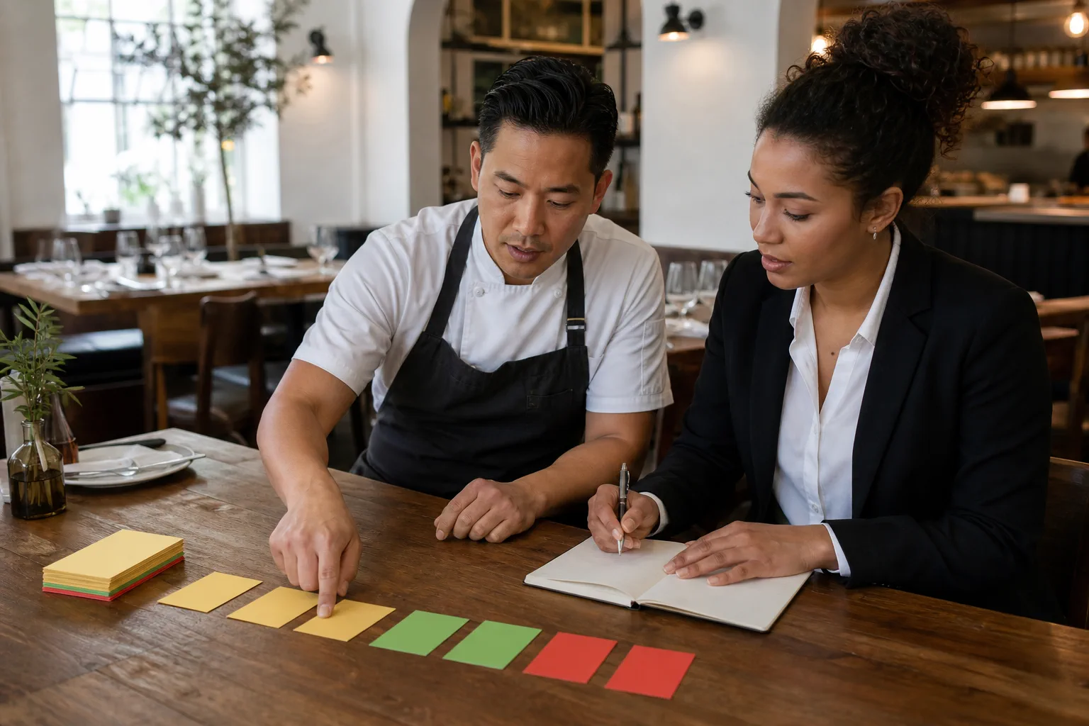Une professionnelle échange avec un restaurateur autour d’un projet commun