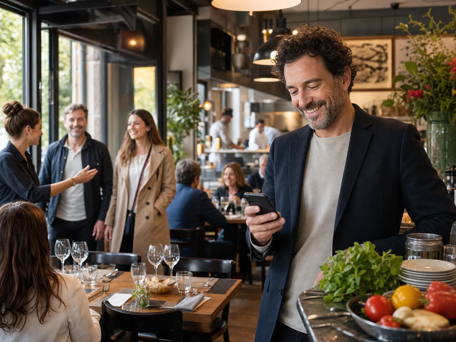 Restaurateur consultant son téléphone pendant le service