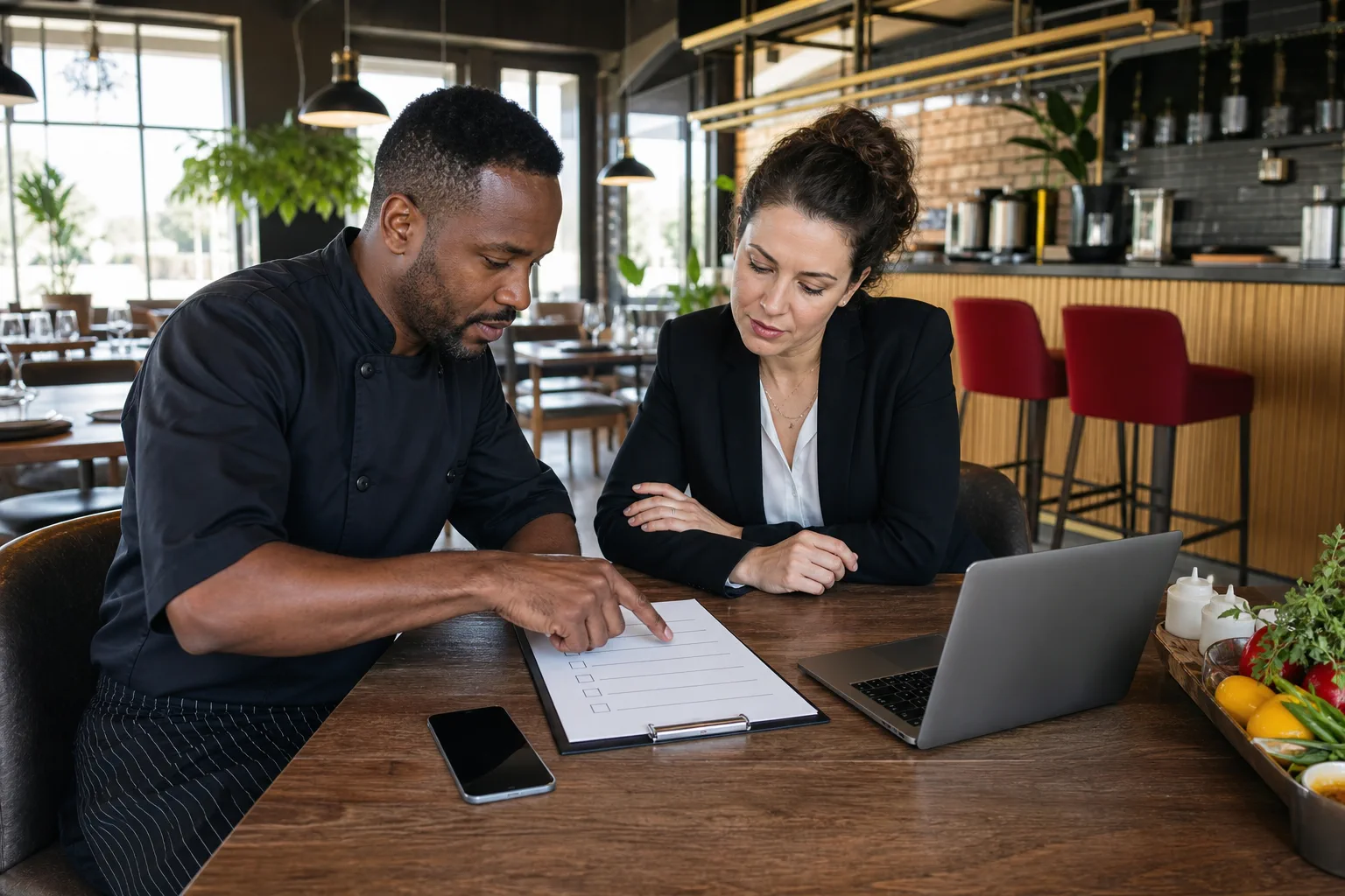 Deux professionnels de restaurant consultent une liste de vérification avant de demander de l’aide