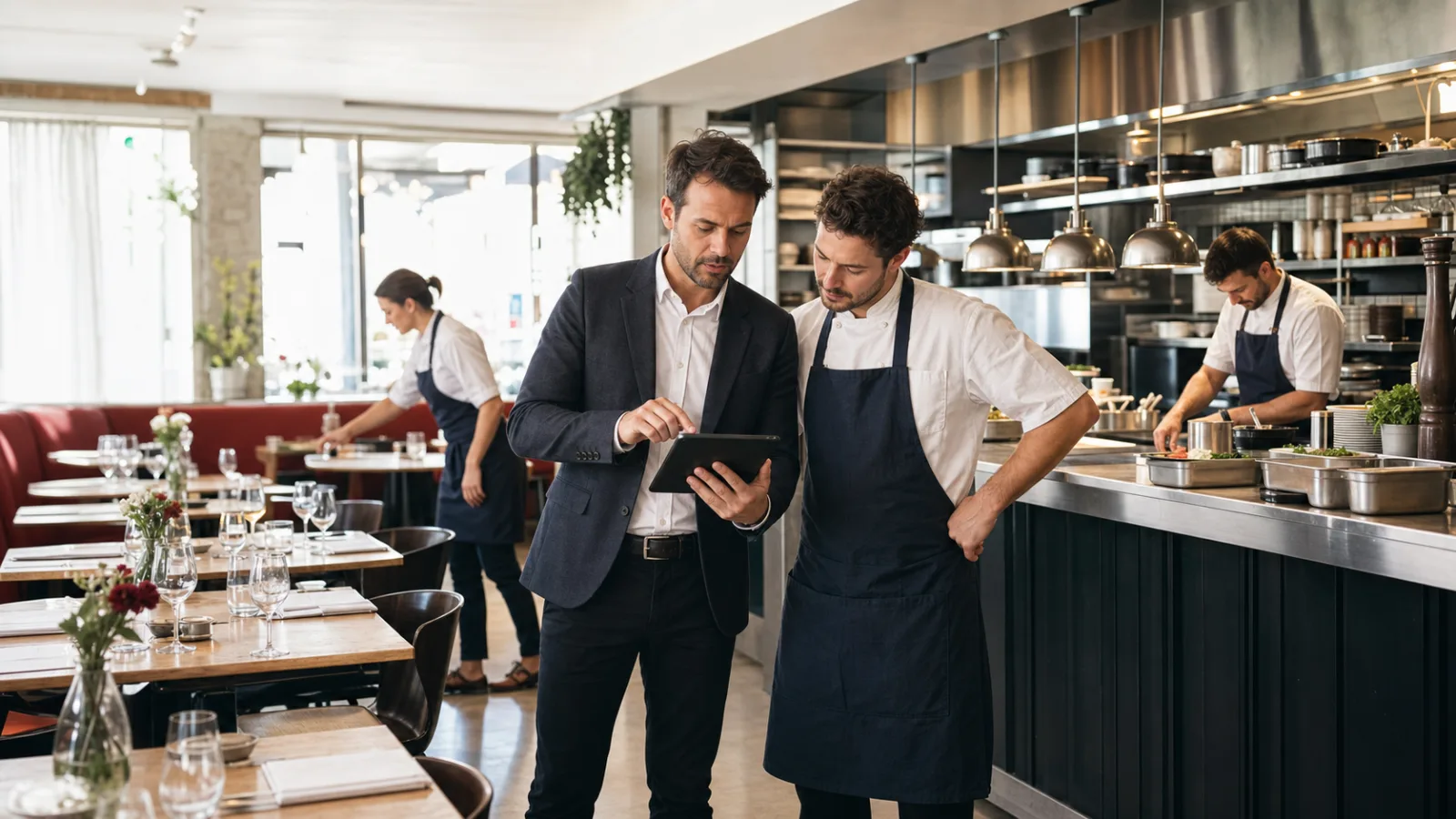 Responsable et chef consultant une checklist sur tablette pendant la préparation de la salle et de la cuisine avant le service