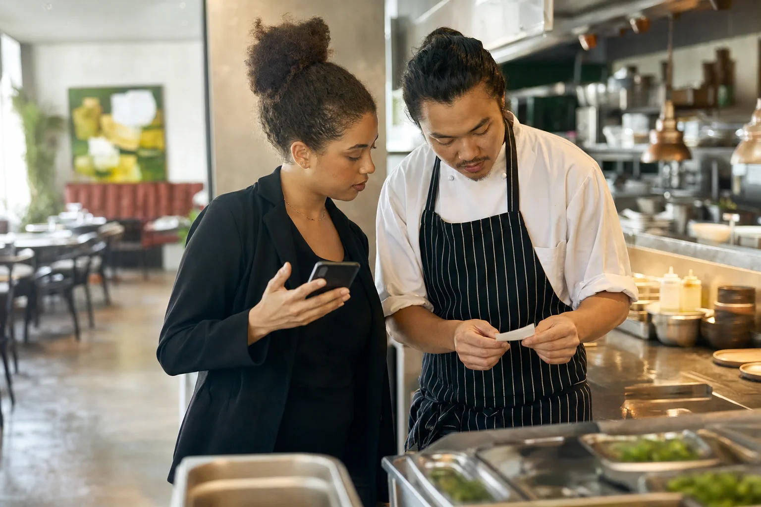 Responsable de salle et chef testant la transmission d’une commande en cuisine