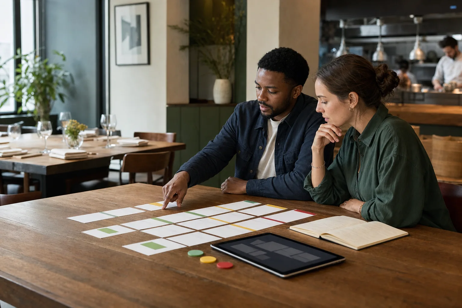 Deux professionnels de la restauration comparant plusieurs options avant le service