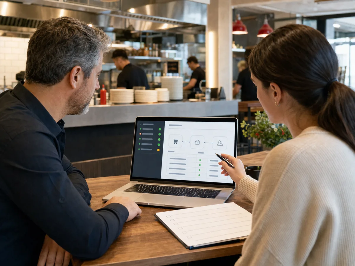 Responsable de restaurant et spécialiste du déploiement vérifiant un schéma de connexion et des statuts sur un ordinateur