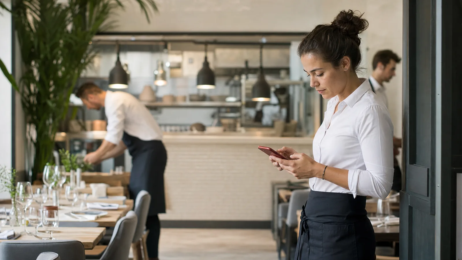 Équipière de restaurant envoyant une demande de congé depuis son téléphone avant le service