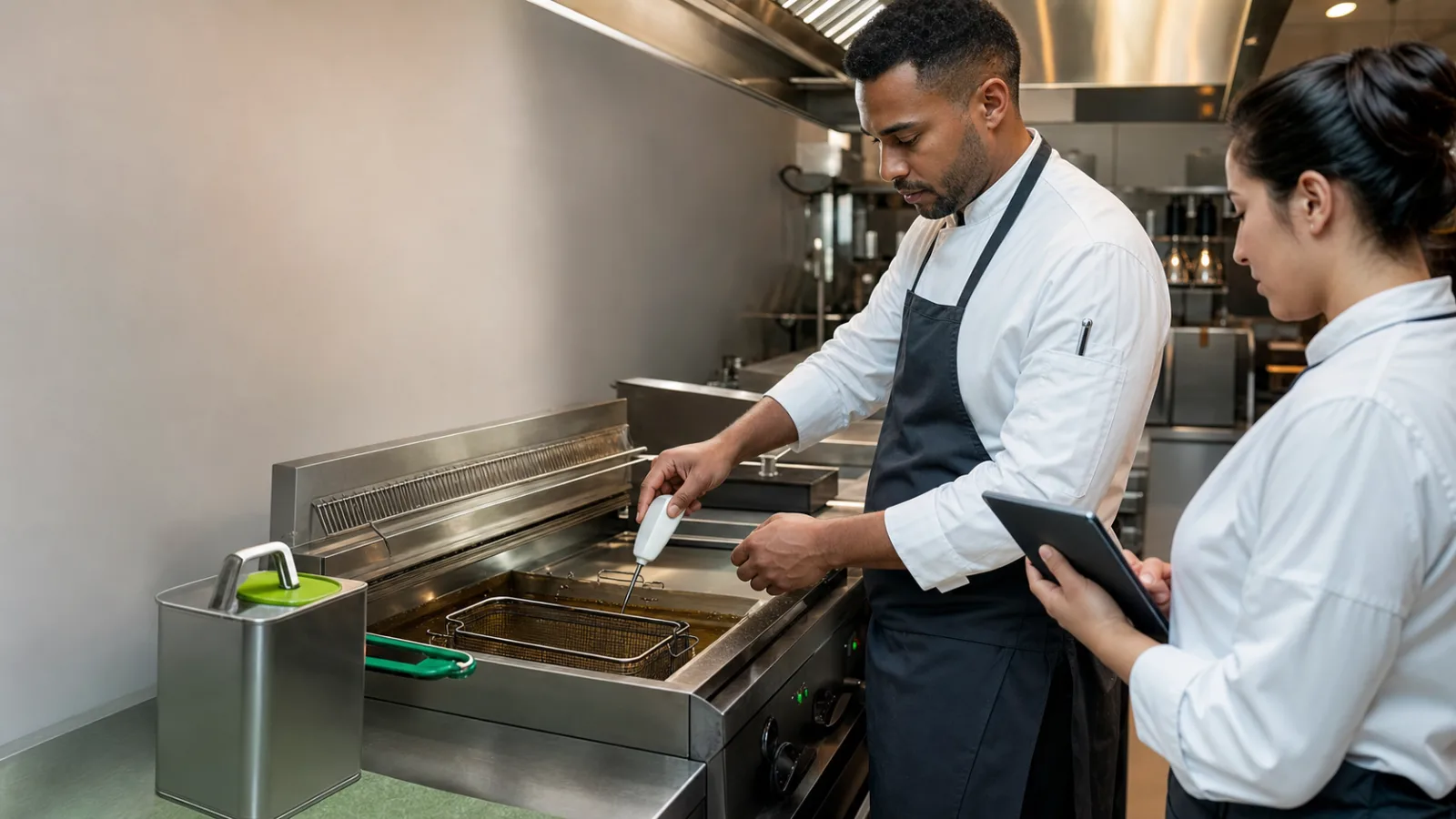 Chef contrôlant une huile de friture avec un appareil de mesure pendant qu’une responsable suit le résultat sur tablette