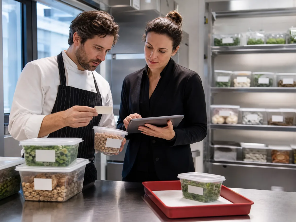 Chef et responsable qualité examinant un ingrédient isolé tout en documentant le contrôle sur tablette