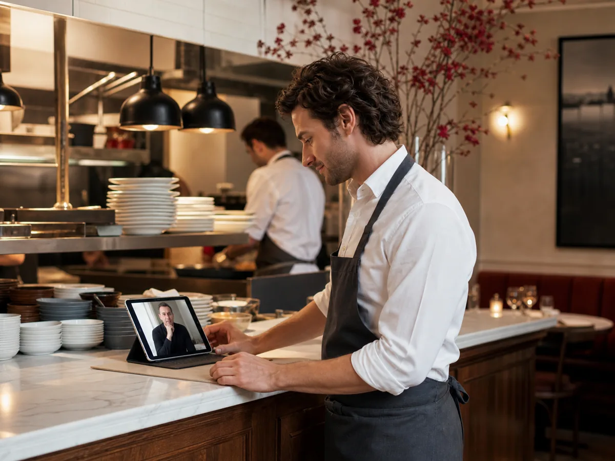 Responsable de restaurant échangeant à distance avec la direction depuis une tablette