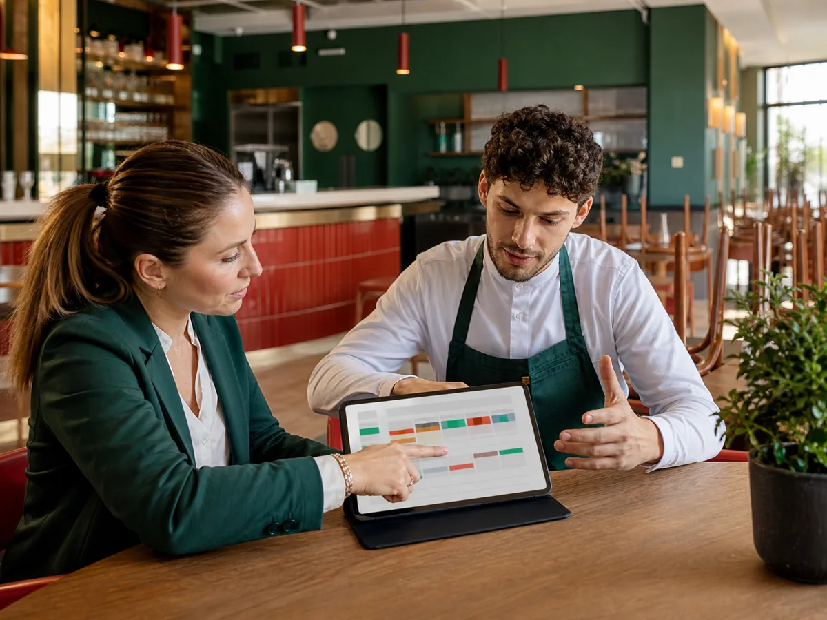 Manager et équipier examinant ensemble une correction de pointage sur tablette