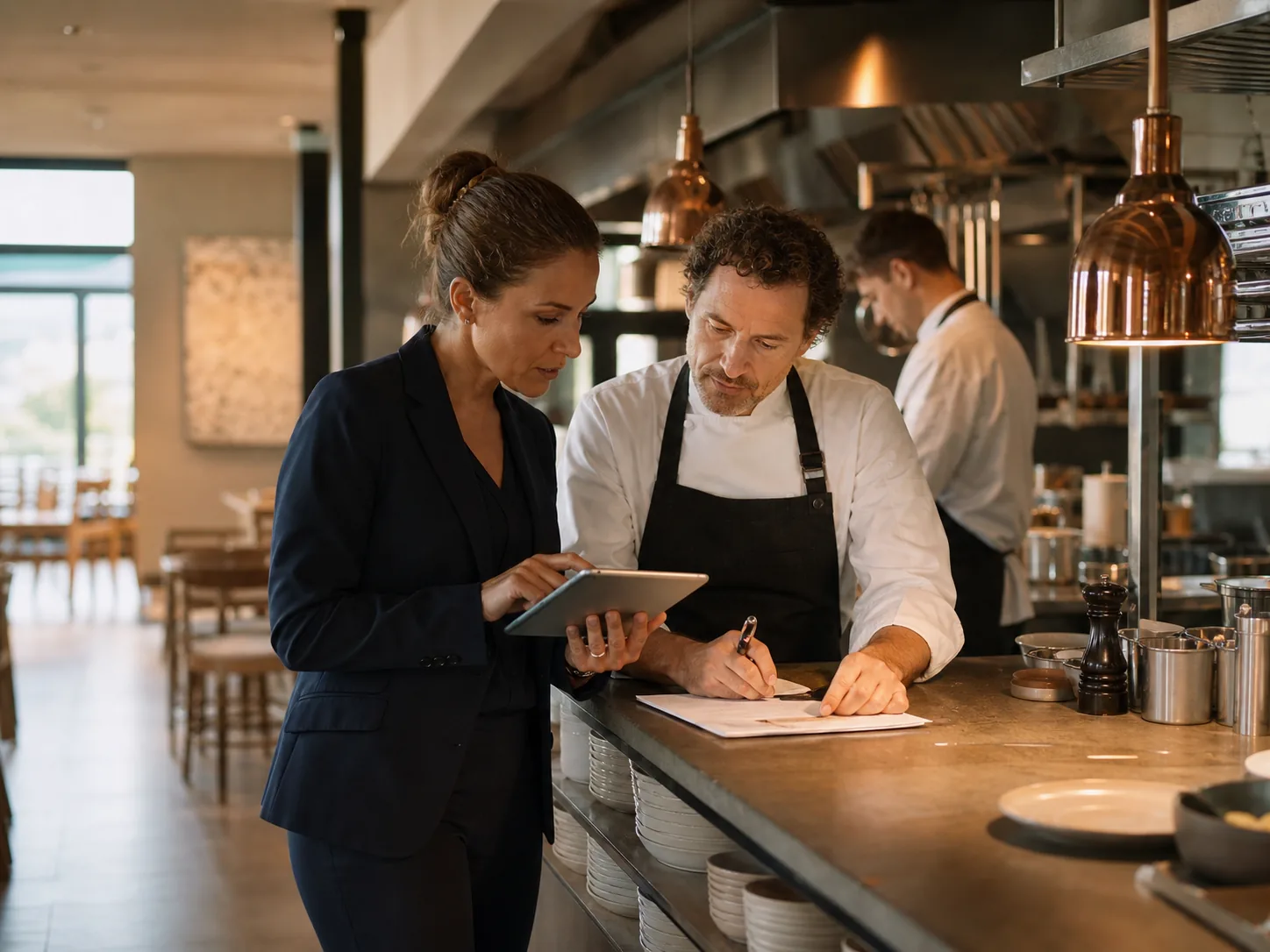 Responsable de restaurant et chef examinant un parcours opérationnel