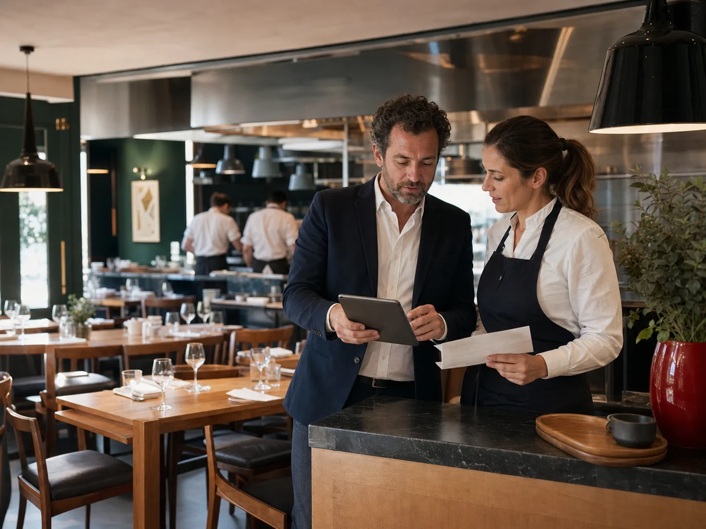 Responsable et manager de restaurant examinant les priorités opérationnelles
