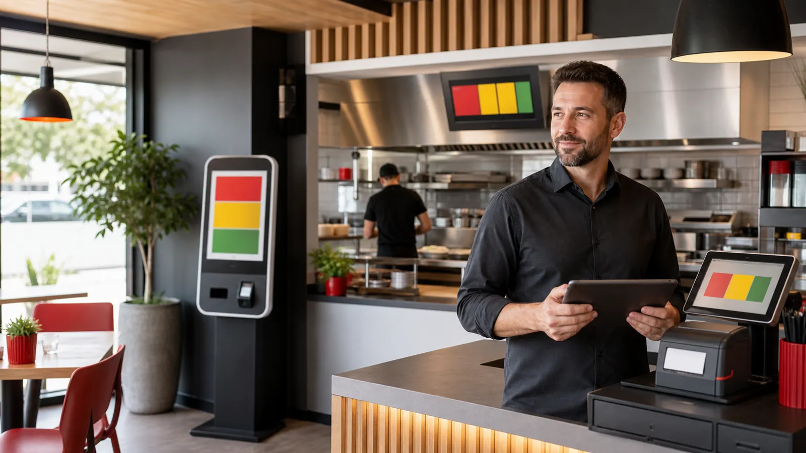 Responsable de restaurant avec une tablette devant une borne, une caisse, une imprimante et un écran cuisine