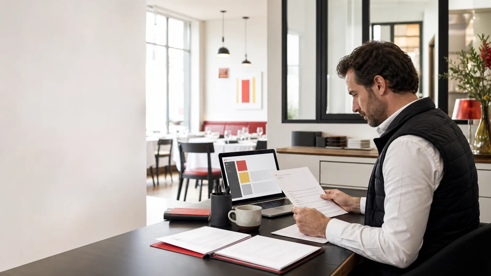 Responsable de restaurant préparant ses exports comptables sur un ordinateur