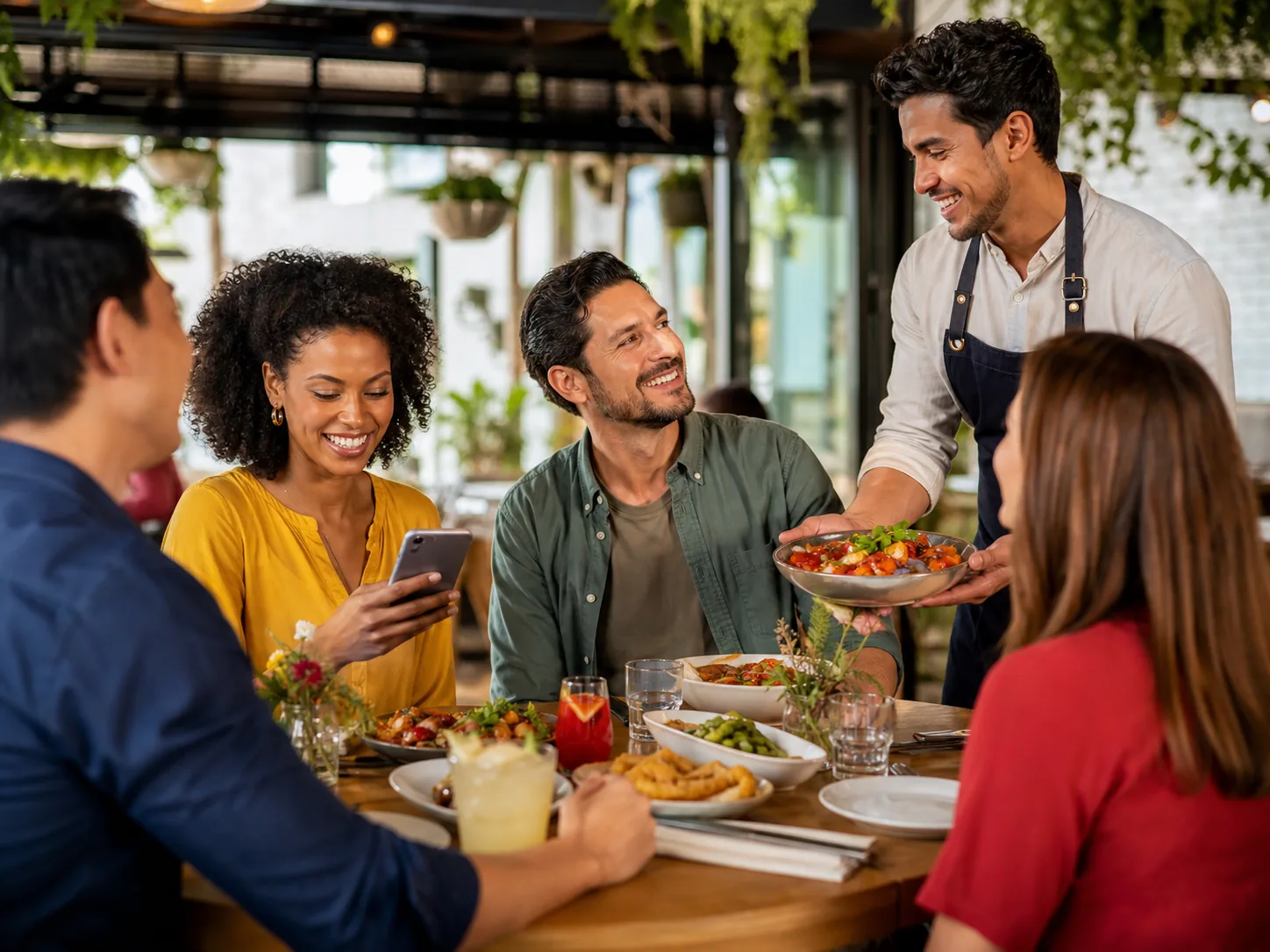 Clients au restaurant utilisant un téléphone pendant le repas