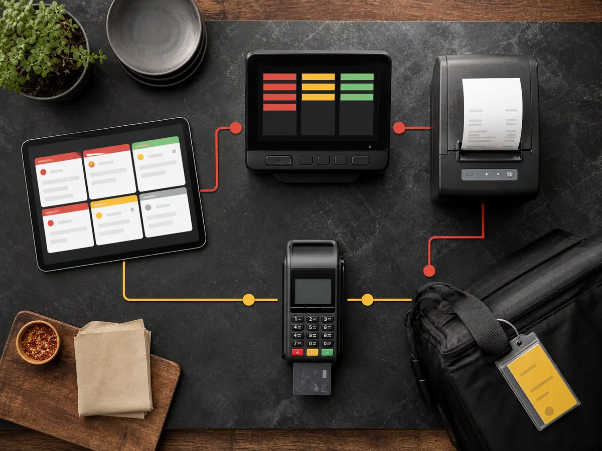 Vue de dessus d’une tablette, d’un écran cuisine, d’une imprimante et d’un terminal de paiement reliés