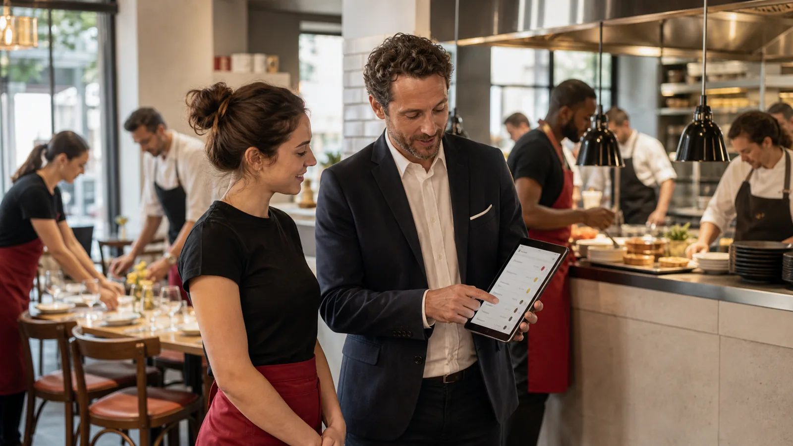 Manager accueillant une nouvelle équipière avant le service dans un restaurant
