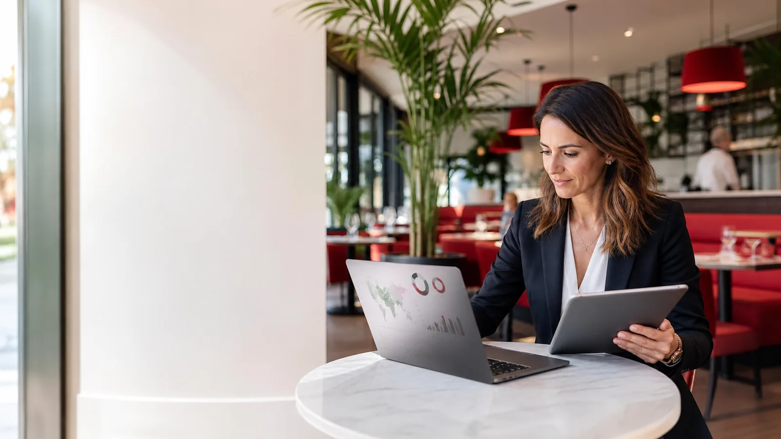 Directrice pilotant plusieurs restaurants depuis un ordinateur et une tablette