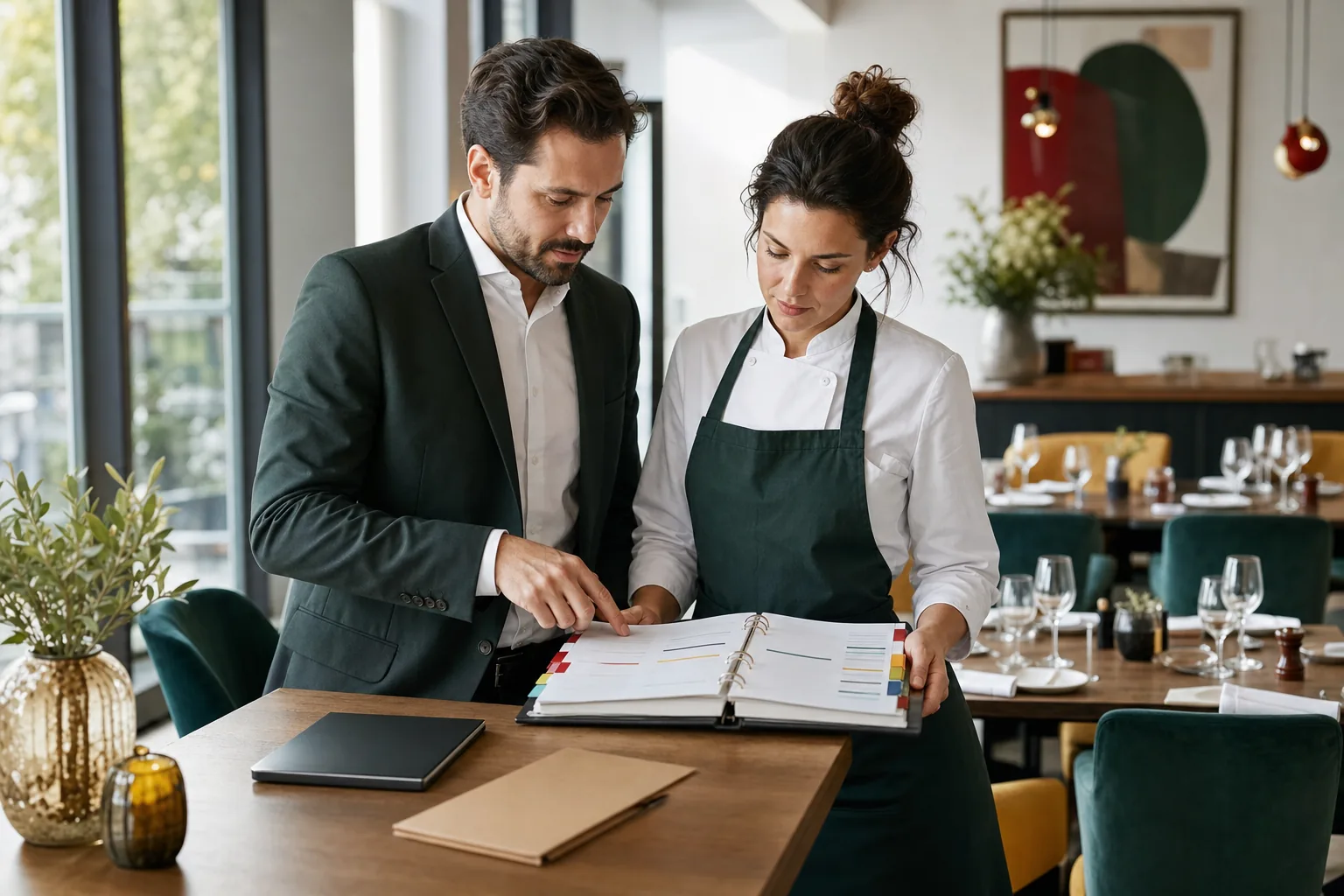 Une responsable de restaurant et un manager consultant un glossaire avant le service