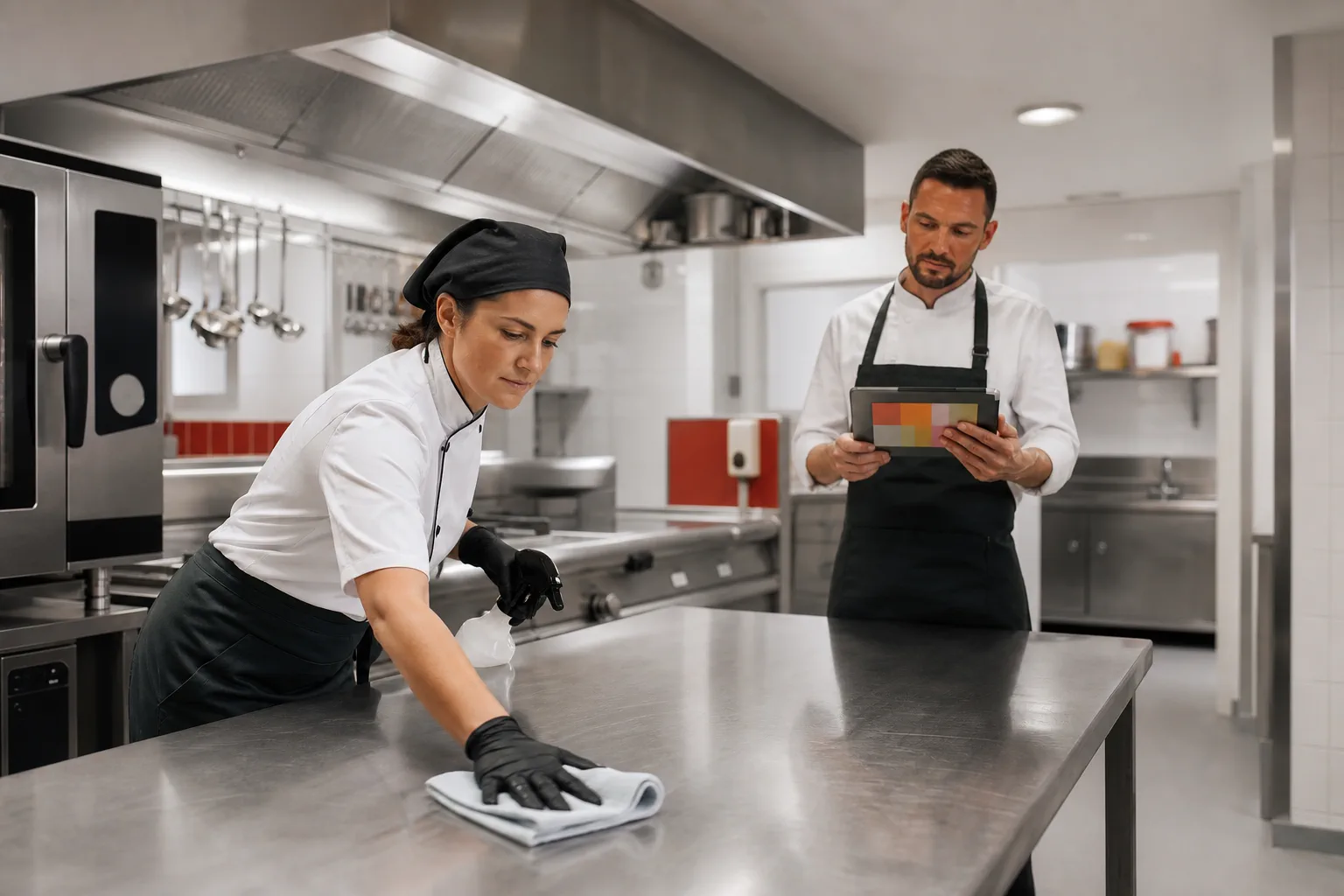 Équipière nettoyant une surface inox pendant la préparation du plan de nettoyage