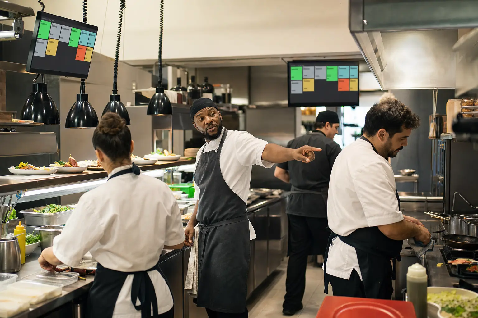 Équipe de cuisine coordonnant les commandes entre les postes et le passe
