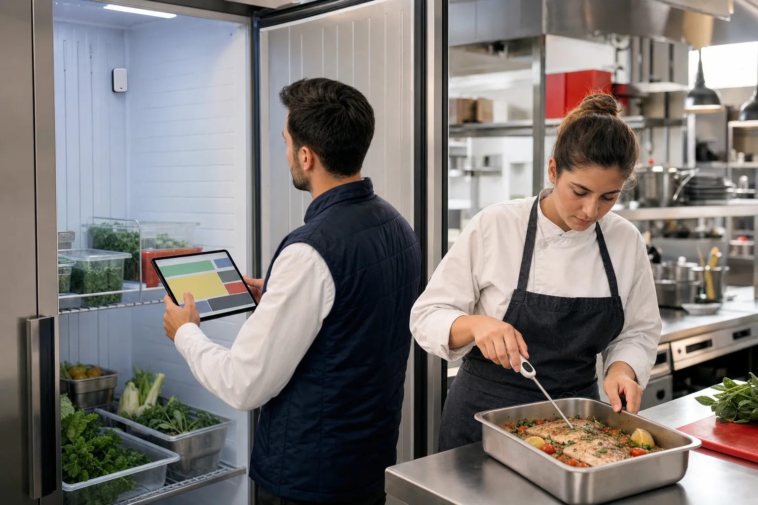 Responsable consultant le suivi d’une sonde connectée pendant un contrôle manuel en cuisine