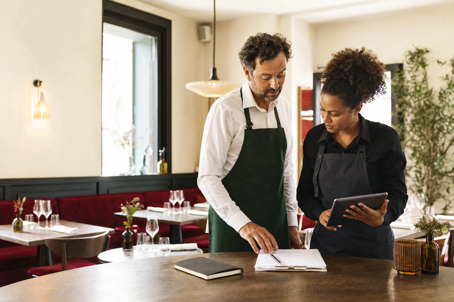 Deux membres d’une équipe de restaurant préparant un guide avant le service