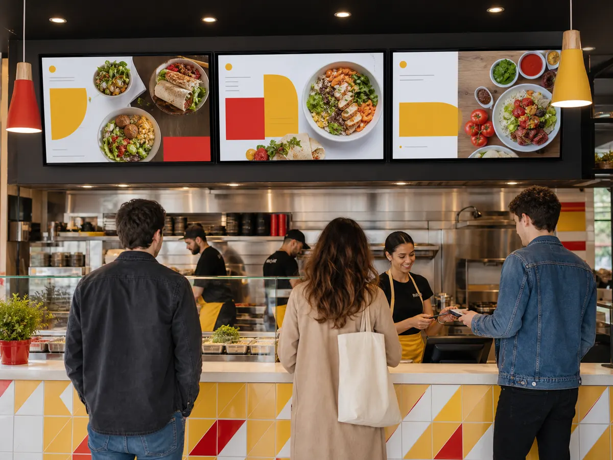 Écrans de menus dynamiques au-dessus du comptoir d’un restaurant