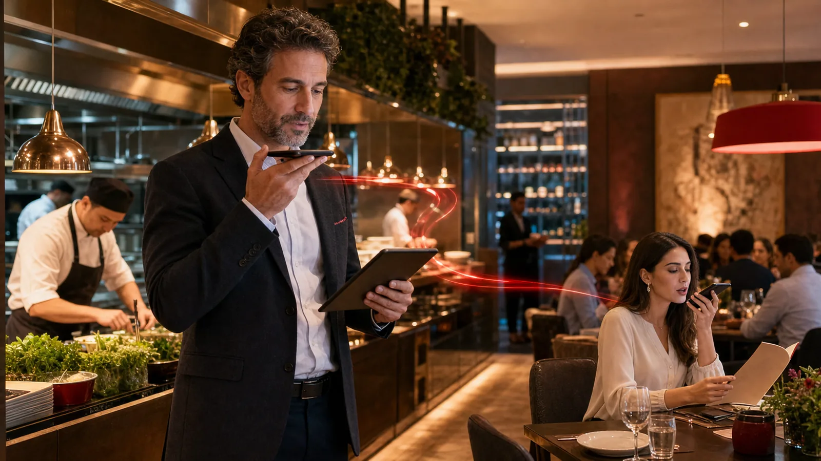 Responsable utilisant l’assistant IA du restaurant pendant qu’une cliente dialogue avec l’assistant Gusteo à sa table