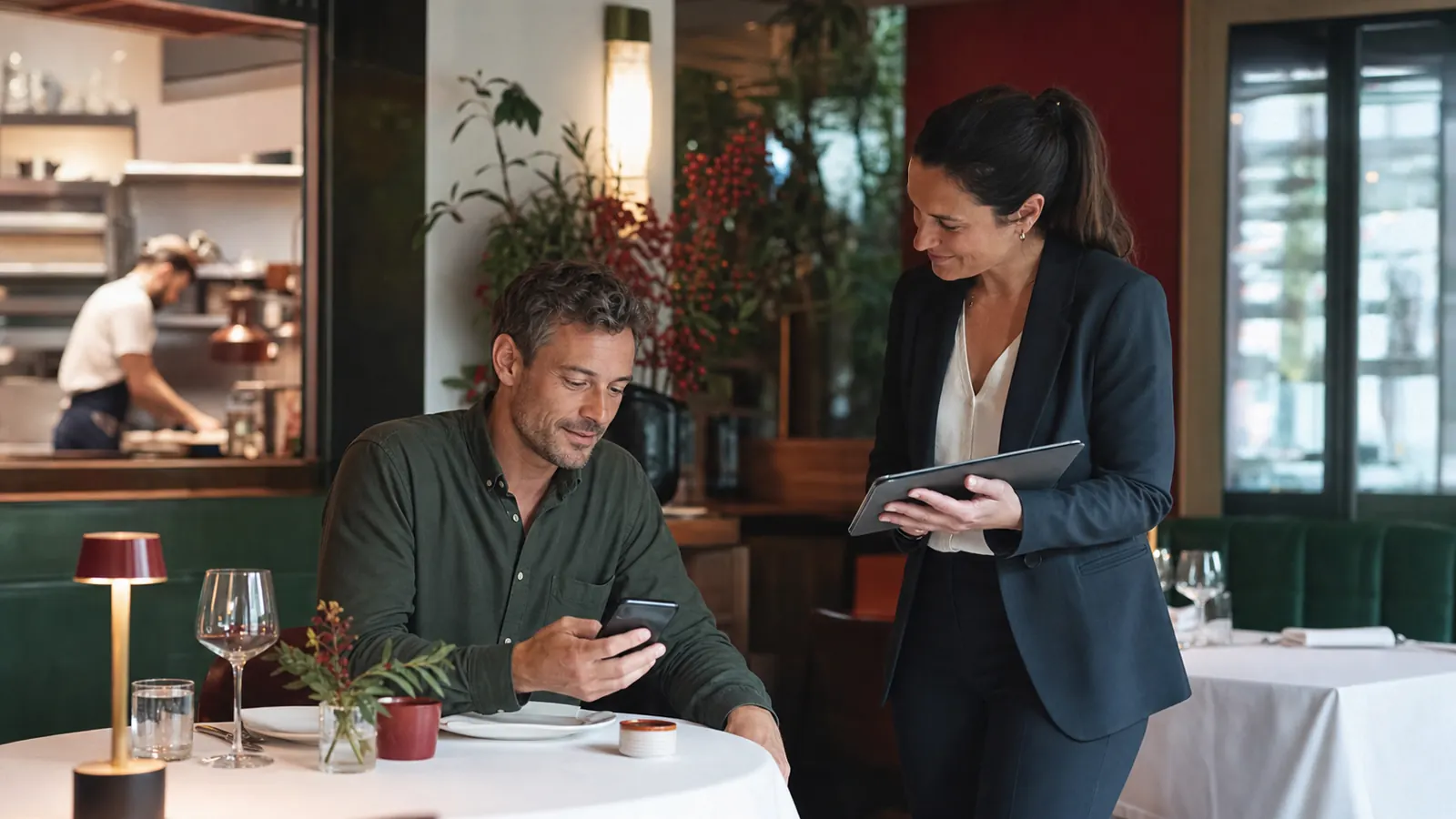 Client partageant un retour sur son téléphone avec une responsable de restaurant