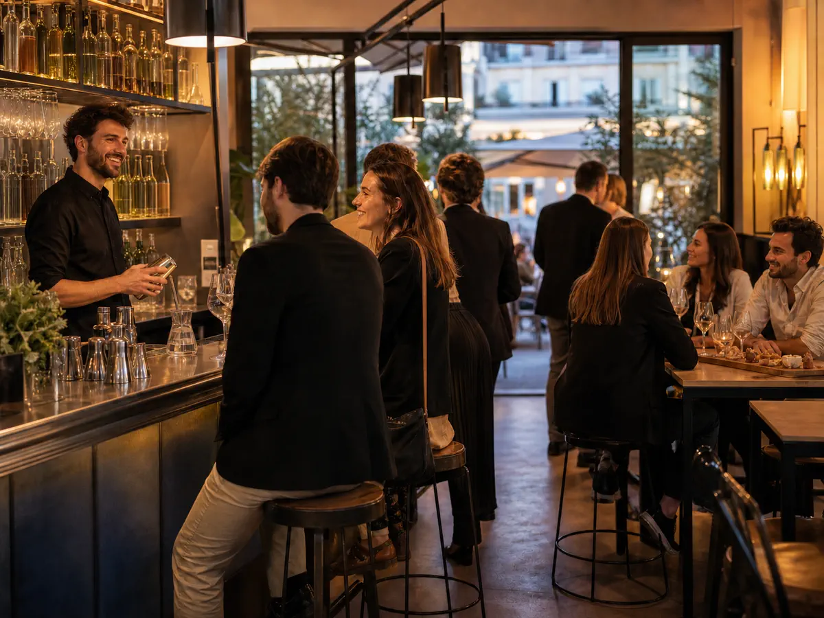 Barman accueillant des clients pendant un afterwork