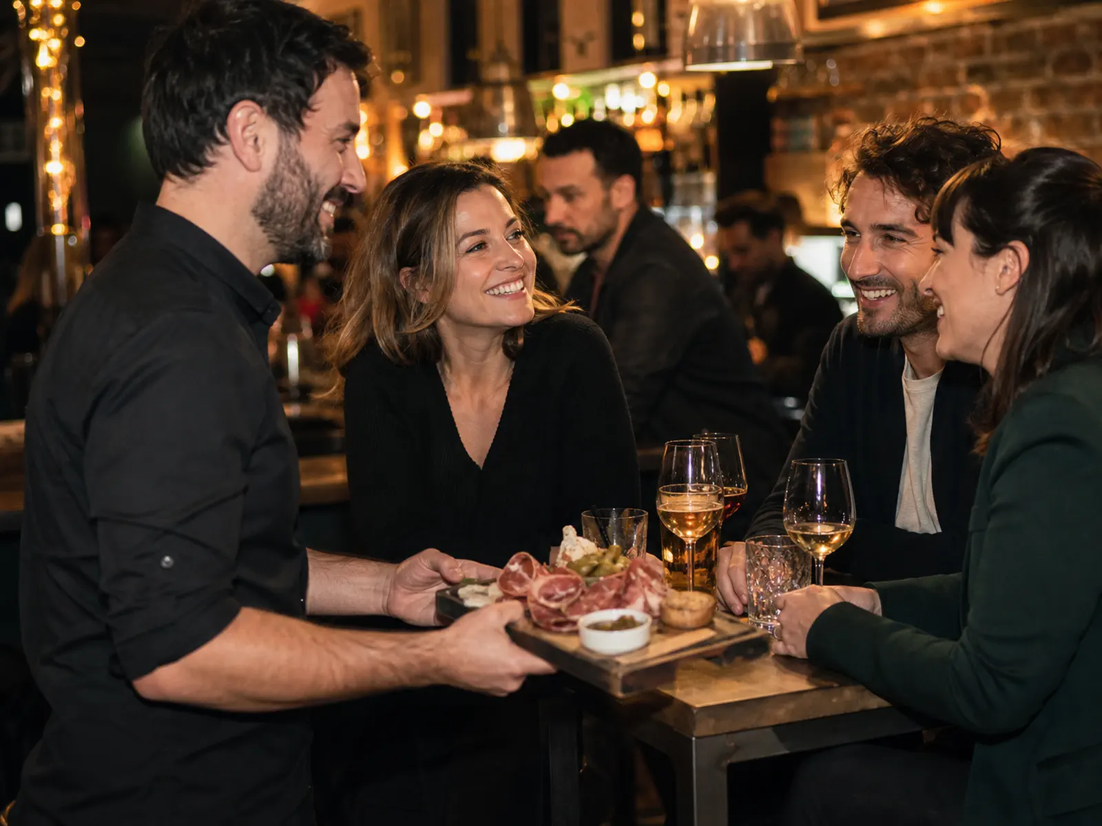 Barman offrant une planche à des clients habitués