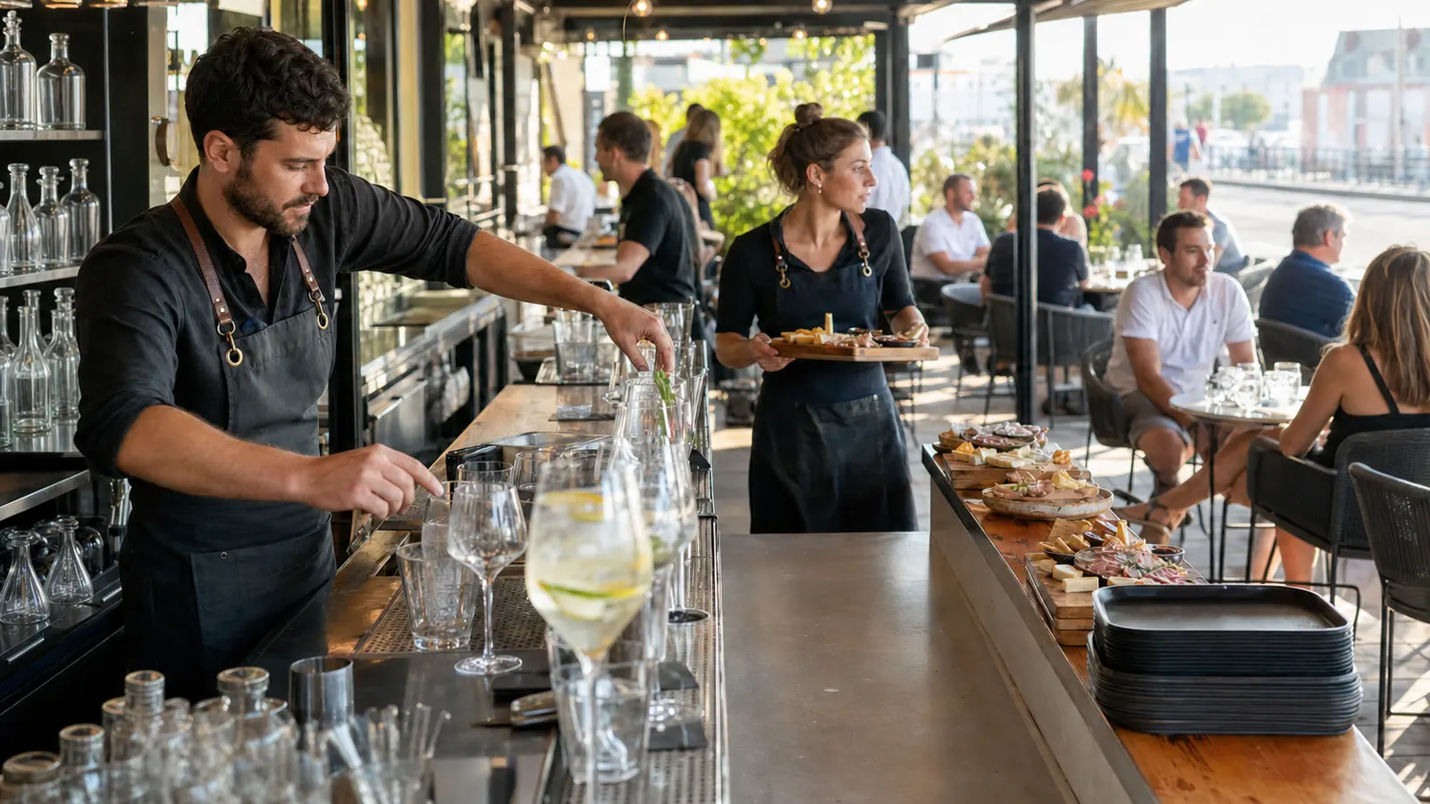 Barman et serveuse coordonnant le service vers la terrasse