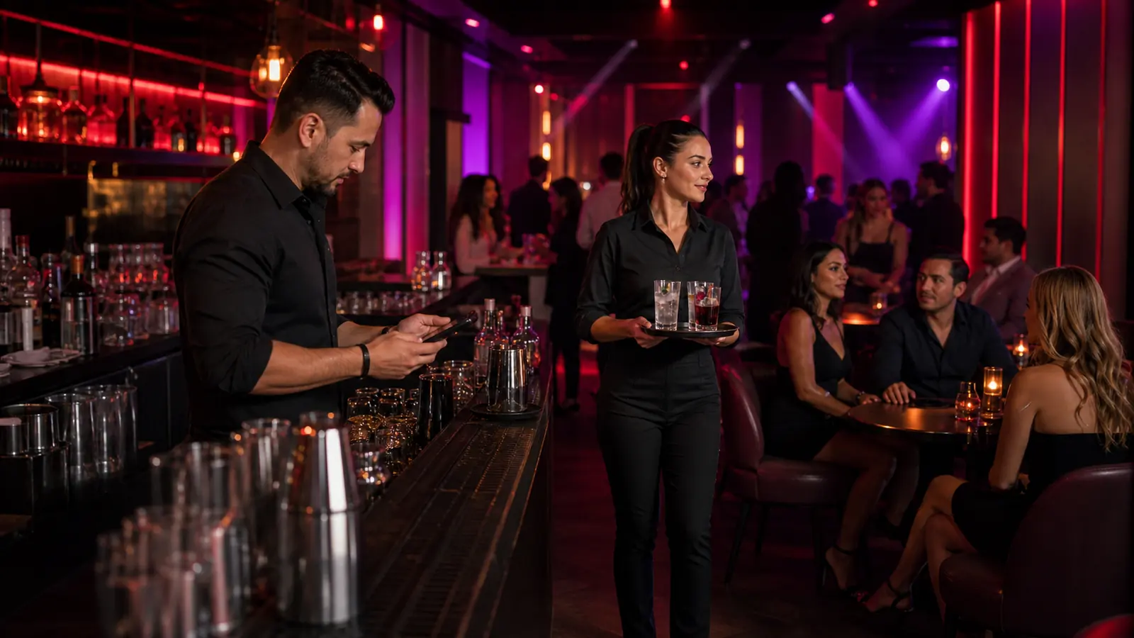 Barman et serveuse coordonnant le service vers les tables