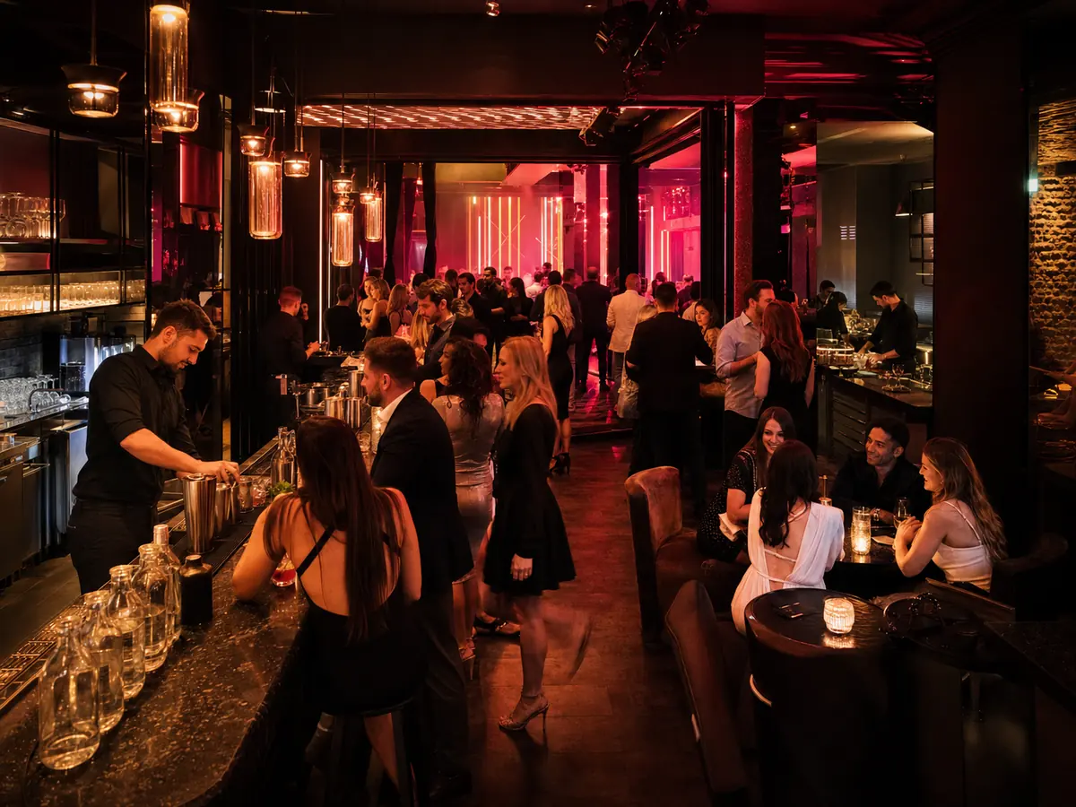 Boîte de nuit avec bar, tables et plusieurs zones de service