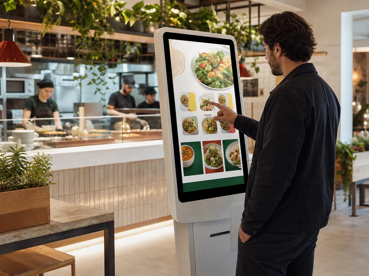 Client choisissant un repas sur une borne tactile au restaurant