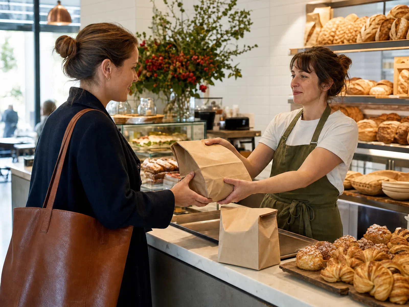 Employée remettant une précommande à une cliente au comptoir