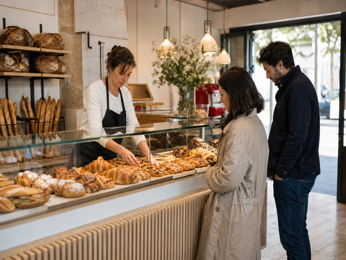 Boulangère présentant les produits du jour à deux clients