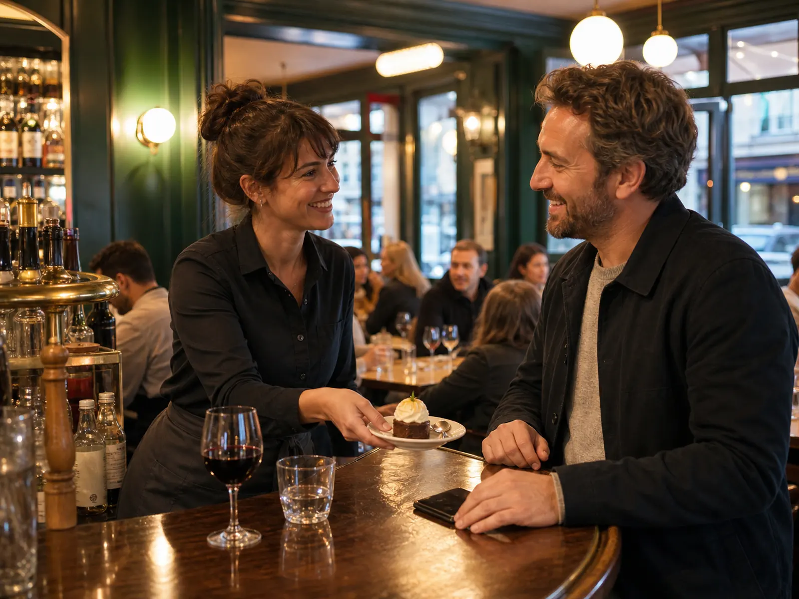 Serveuse offrant un dessert à un client fidèle au comptoir d’une brasserie