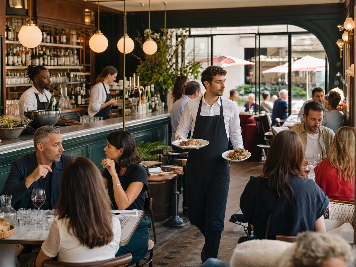 Serveur traversant une brasserie animée entre le bar et la salle