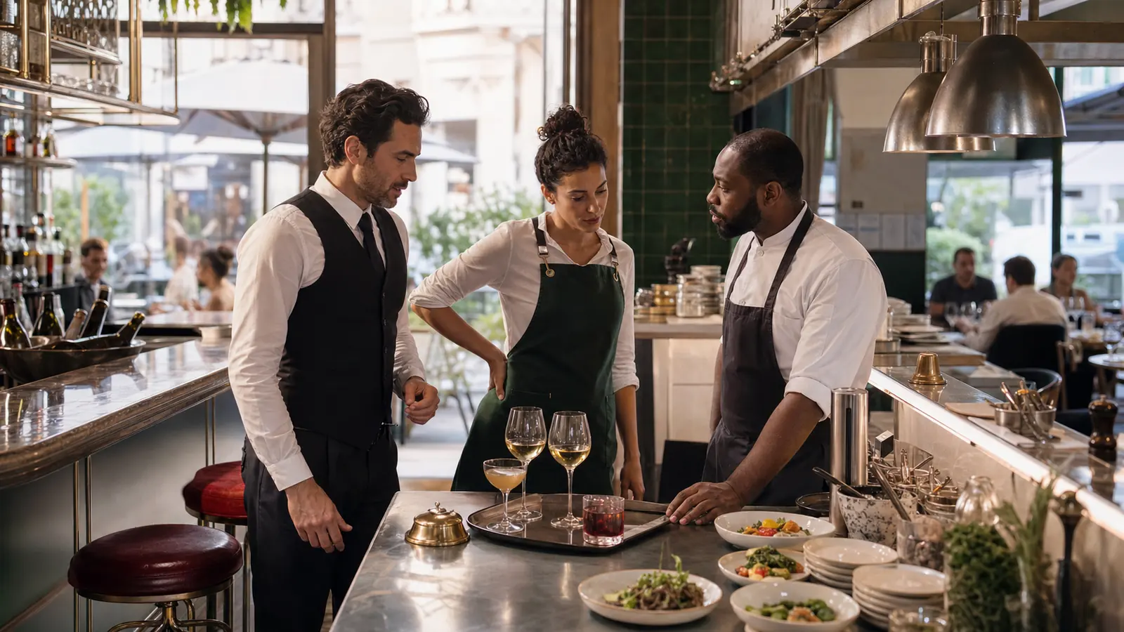Responsables de salle, du bar et de la cuisine échangeant au passe d’une brasserie