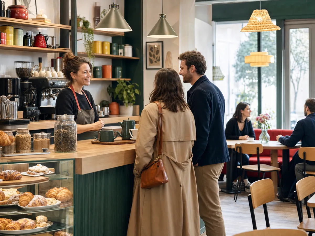 Barista accueillant deux clients dans un café avec pâtisseries et espace salon de thé