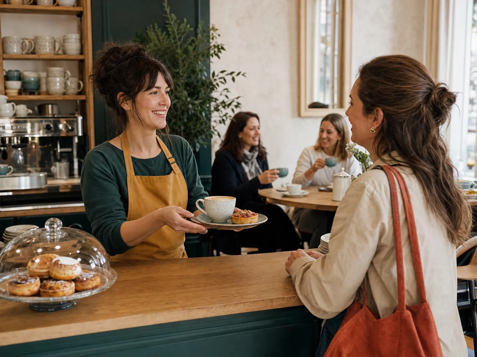 Barista servant une boisson et une pâtisserie à une cliente habituée