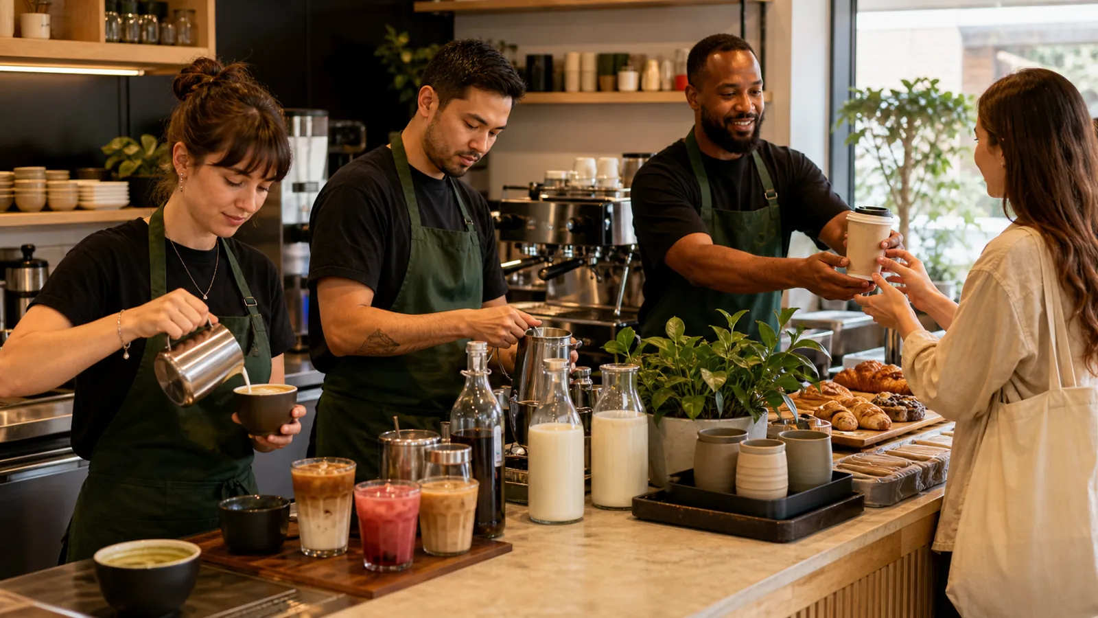 Trois baristas préparant des boissons personnalisées et un retrait à emporter