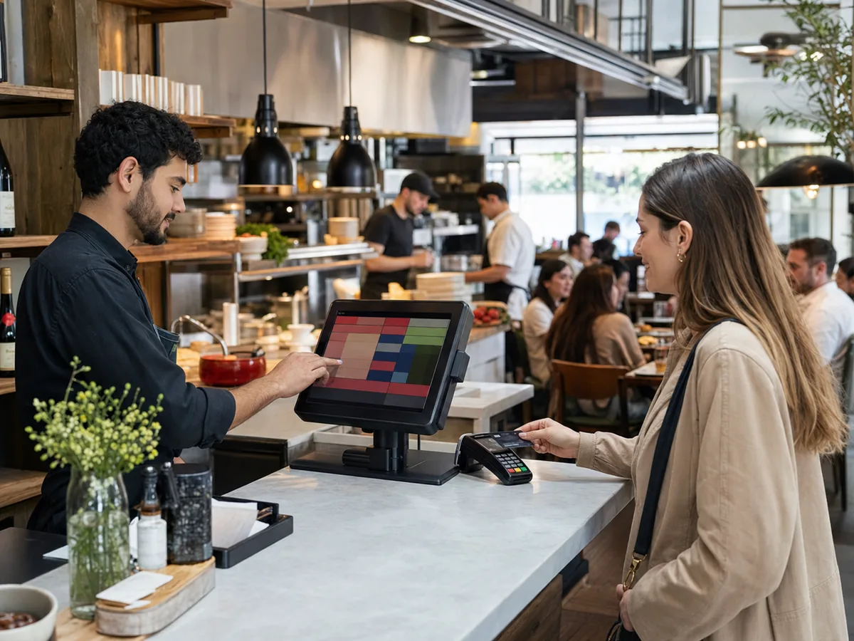 Équipier utilisant un logiciel de caisse pendant le paiement d’une cliente au restaurant