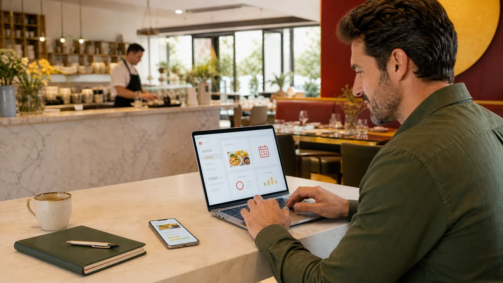 Responsable de restaurant préparant une campagne client sur un ordinateur avant le service