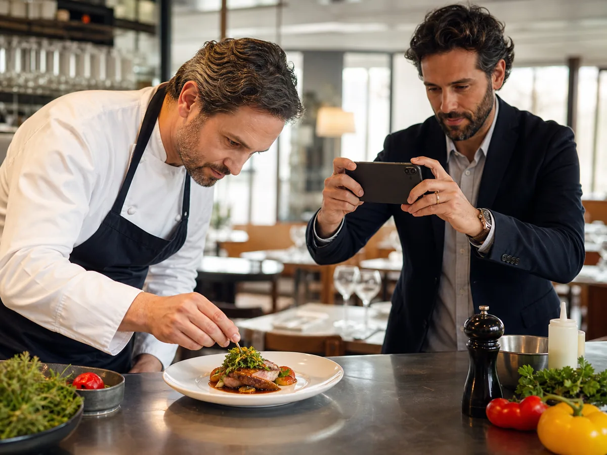 Chef dressant un plat photographié pour préparer sa fiche catalogue