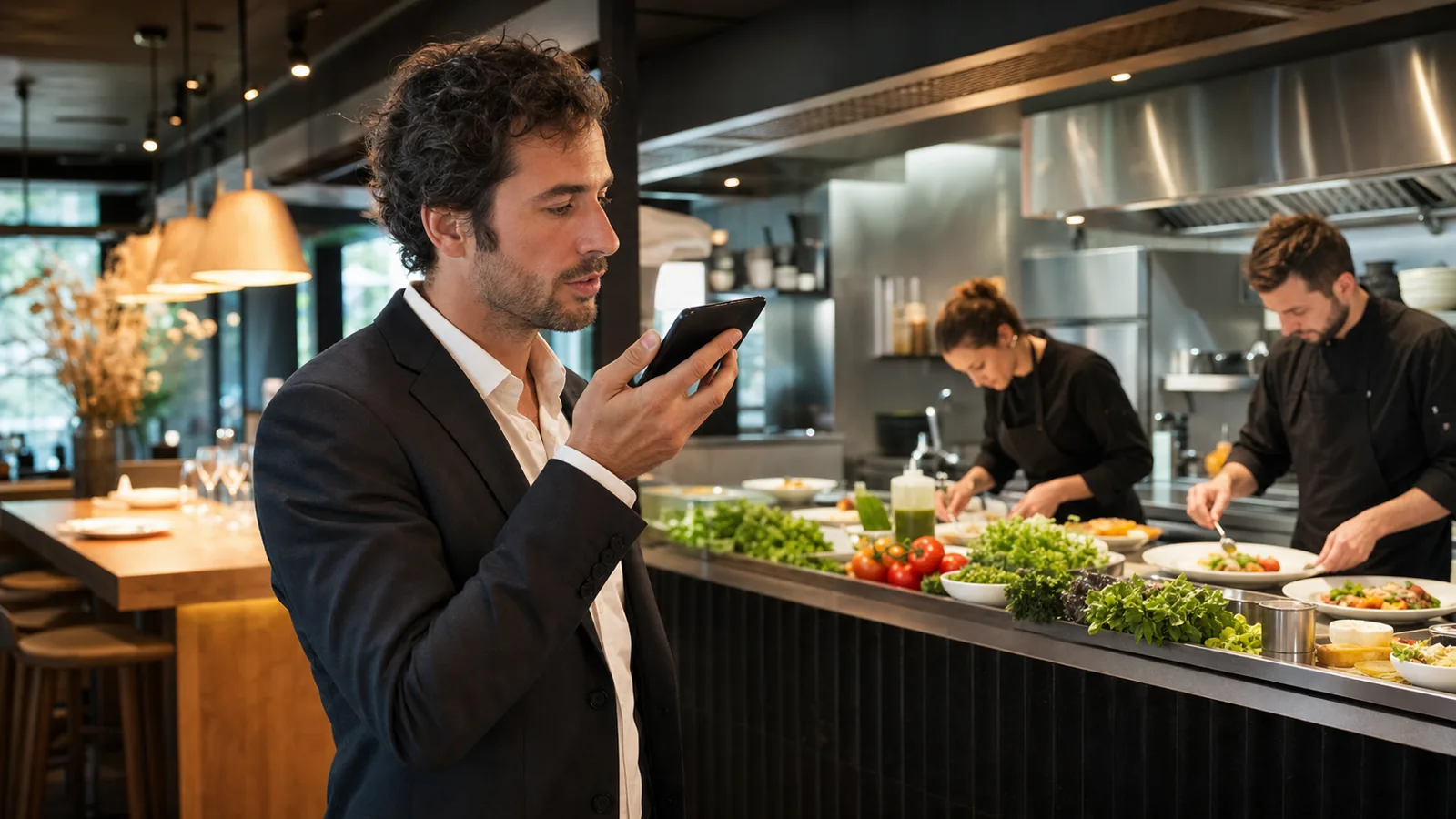 Responsable de restaurant dictant une mise à jour du catalogue près de la cuisine
