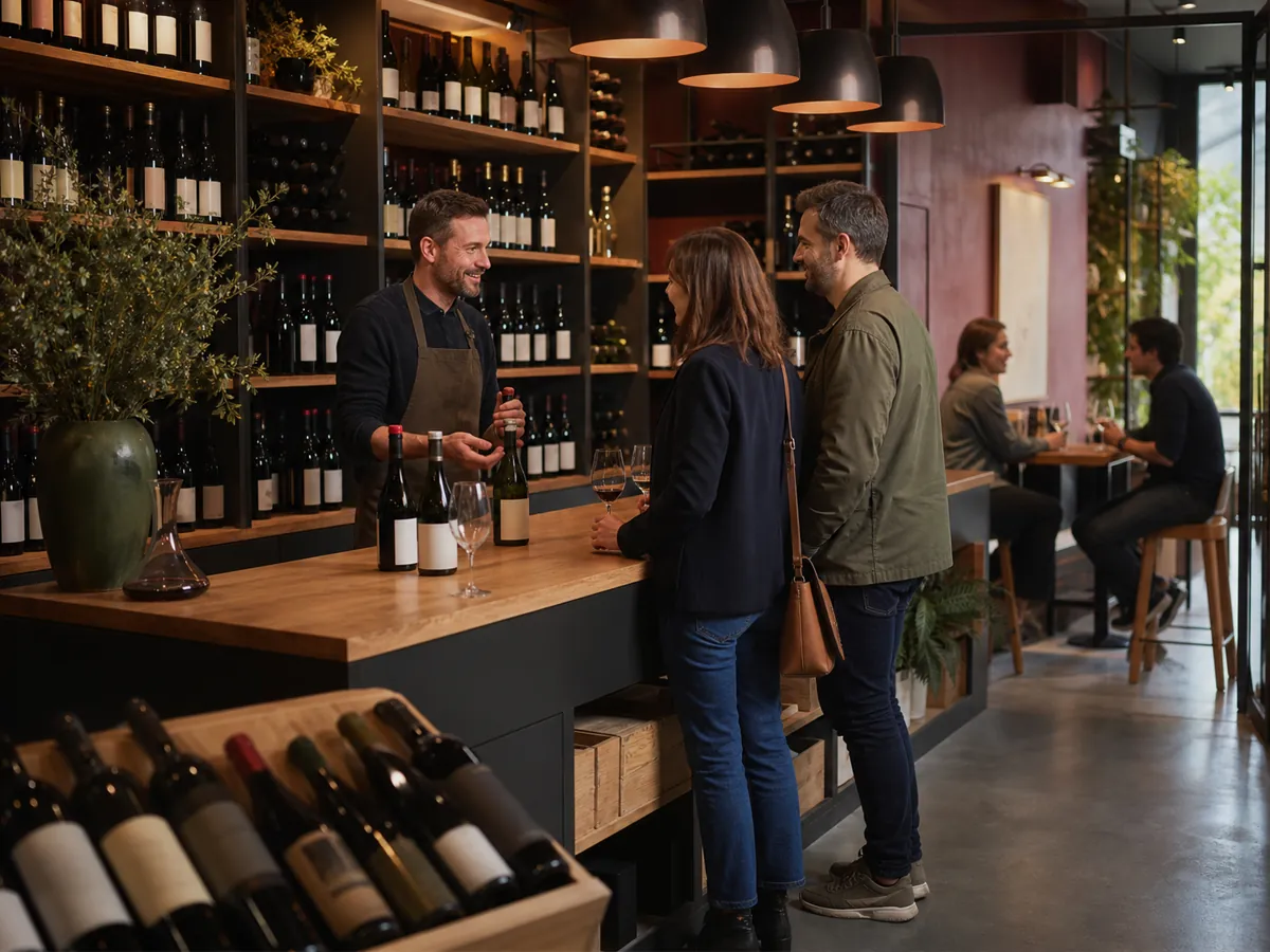 Caviste conseillant deux clients dans une cave à vins avec espace bar